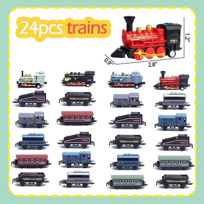 CORPER TOYS Mini Train Toy Set, 4 Packs (24 Pieces) Pull Back Model Train Playset, Diecast Steam Train with Linkable Cars