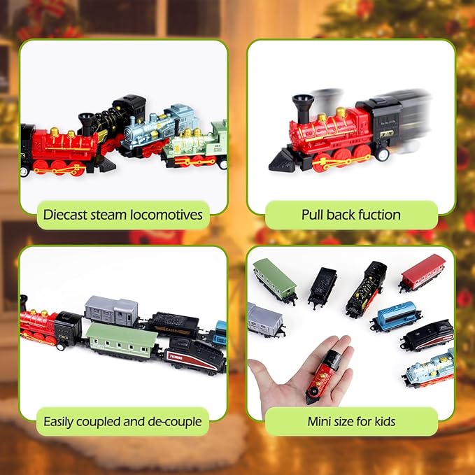 CORPER TOYS Mini Train Toy Set, 4 Packs (24 Pieces) Pull Back Model Train Playset, Diecast Steam Train with Linkable Cars