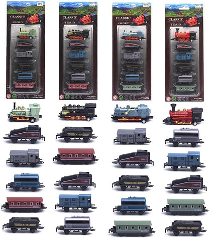 CORPER TOYS Mini Train Toy Set, 4 Packs (24 Pieces) Pull Back Model Train Playset, Diecast Steam Train with Linkable Cars