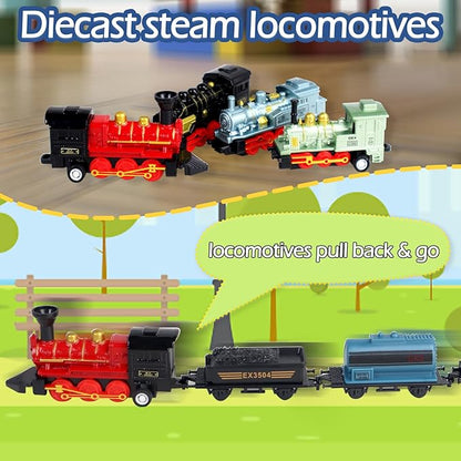 CORPER TOYS Mini Train Toy Set, 4 Packs (24 Pieces) Pull Back Model Train Playset, Diecast Steam Train with Linkable Cars