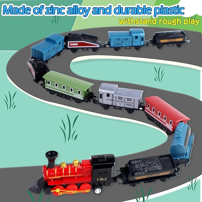 CORPER TOYS Mini Train Toy Set, 4 Packs (24 Pieces) Pull Back Model Train Playset, Diecast Steam Train with Linkable Cars